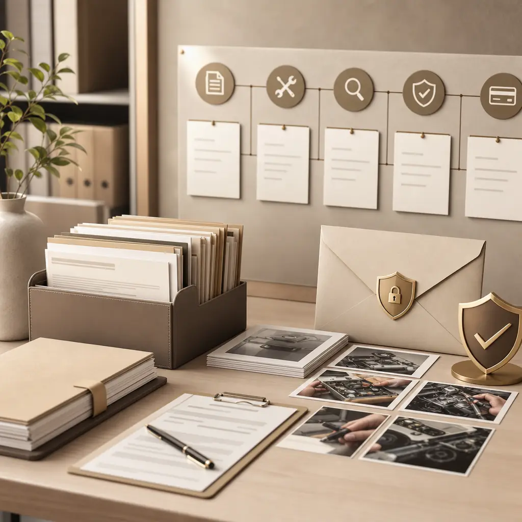 Organized warranty claim evidence and workflow materials